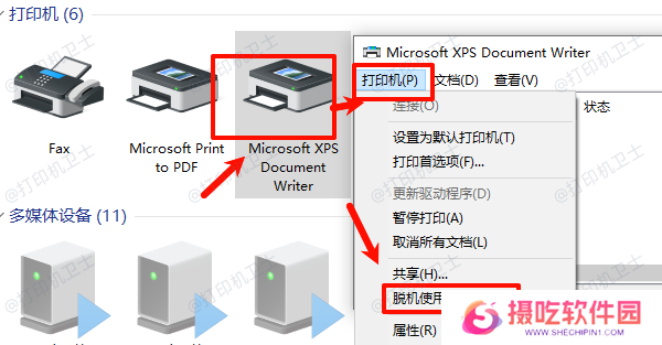 取消使用打印机脱机选项